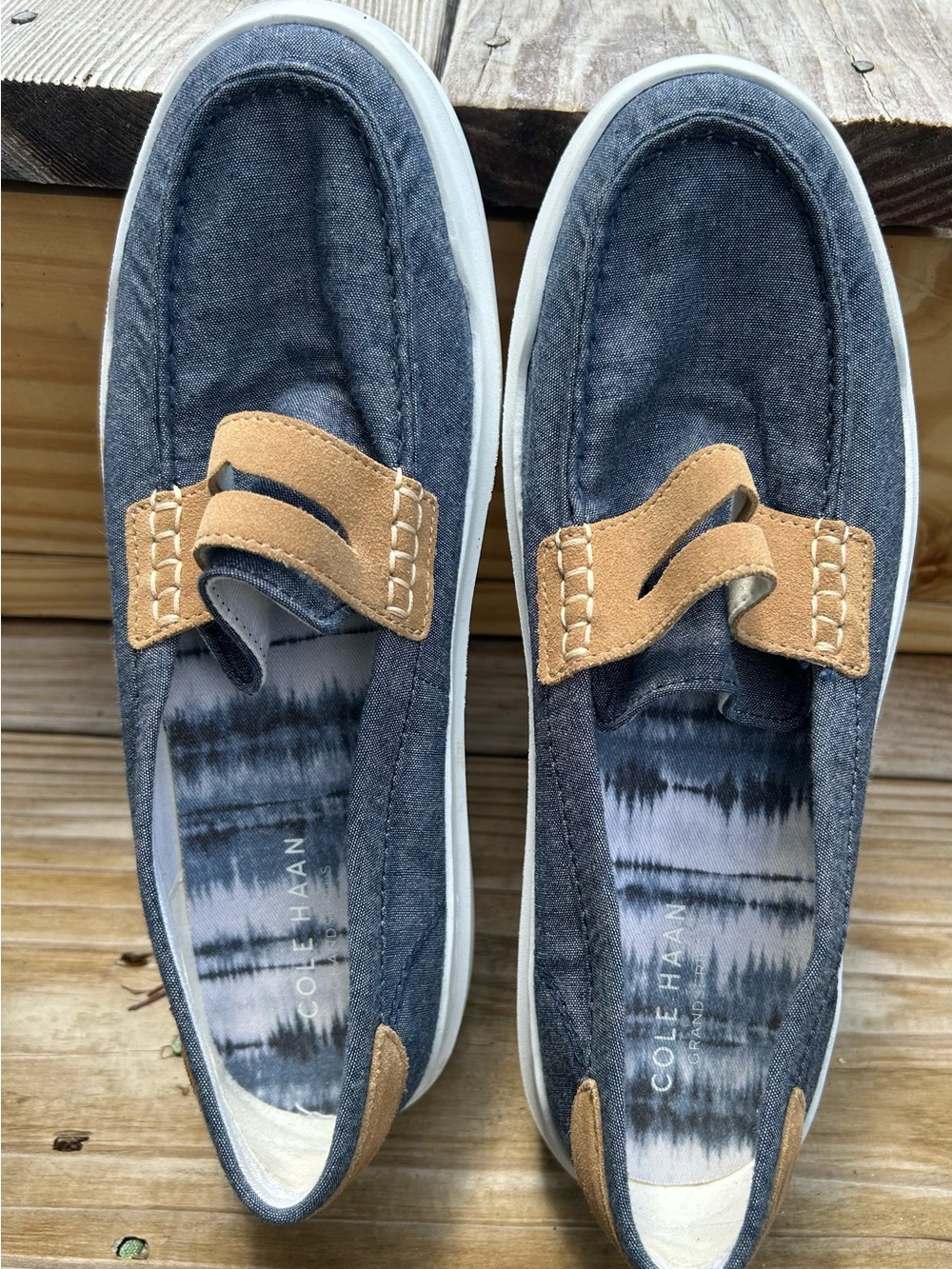Cole Haan Navy Canvas Slip-On Loafers with Tan Suede Accents